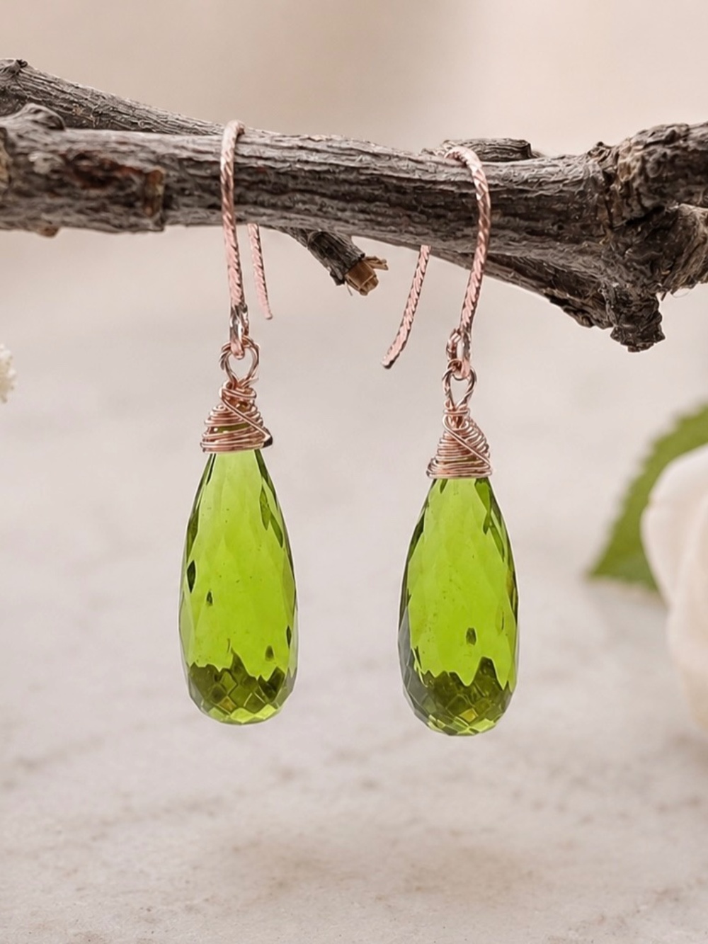 Handmade Peridot Earrings Wire Wrapped 14k Rose Gold Filled , August Birthstone